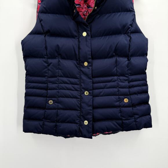 Lilly Pulitzer Vest Womens Large Navy Quilted Puffer Down Pink Print Lining - Picture 2 of 11